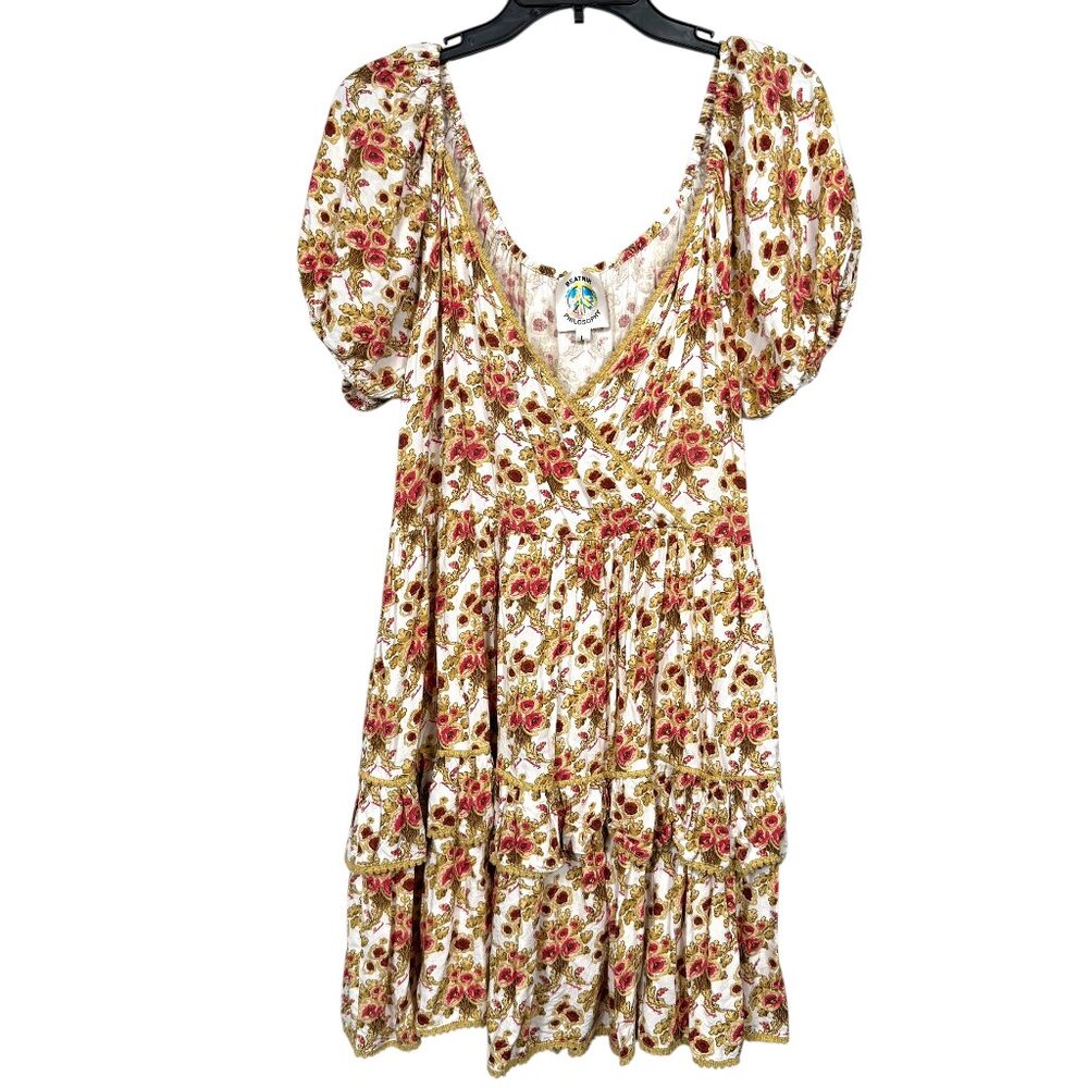 Beatnik Philosophy Dress Large White Pink Floral Babydoll Tiered Ruffle Boho